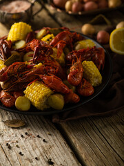 Boiled crayfish with pieces of corn. Bright colors. Wooden table. Country style. Close-up. Macro photography. There are no people in the photo. High angle view.