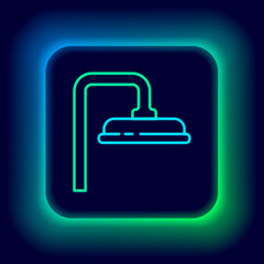Glowing neon line Shower head with water drops flowing icon isolated on black background. Colorful outline concept. Vector