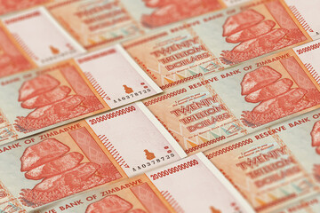 Zimbabwean money. Zimbabwean dollar banknotes. 20 trillions ZWL dollars bills. - obrazy, fototapety, plakaty