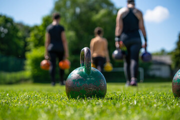 kettlebells in green grass - fitness concept outdoors  - 440322292