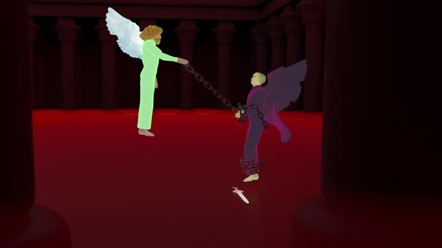 angel rafael chained to fallen angel azazel, 3d animation