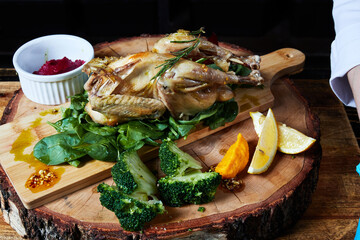 chicken broiler with herbs on a round wooden board