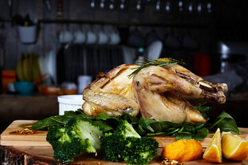 chicken broiler with herbs on a round wooden board