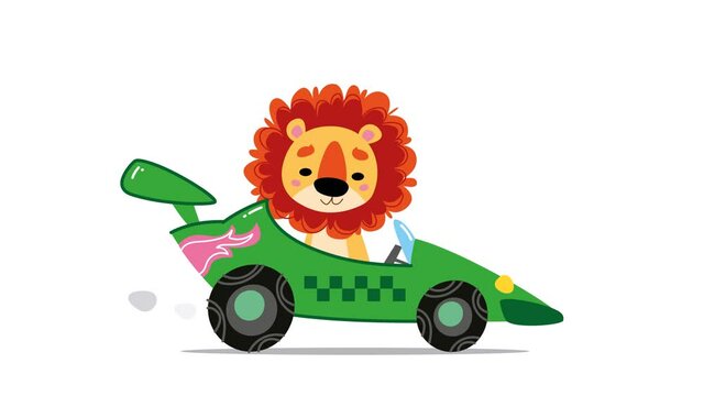 Cute baby lion cub rides in a toy car. Animated green racing transport with a racer. 4k cartoon animal character of Africa. 2d color animation for children. Alpha channel. Wheels are spinning fun
