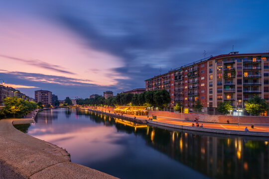 Darsena Naviglio Grande  at the evening.when the lights of the city and the bars come on and the nightlife of Milan begins, Milan, Italy.
