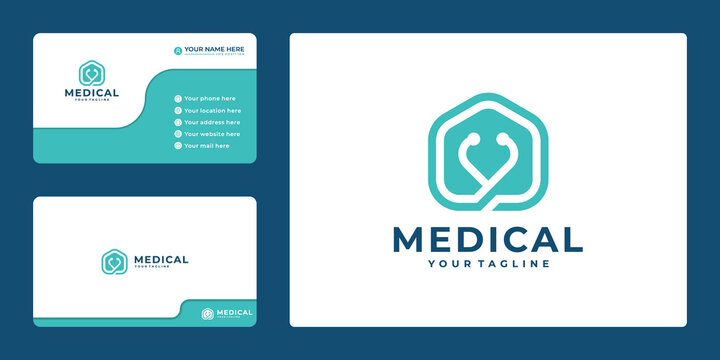 medical logo and business card with icon stethoscope and house,