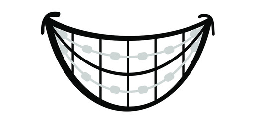 Happy smile with teeth and braces. Orthodontic dental care bracket. Cartoon, flat vector thoughts pictogram. Orthodontic dental care bracket or brace.Teeth dentist, Braces
