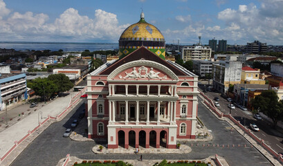 Aerial view of Amazon theater located in downtown Manaus, Amazonas state, Brazil.