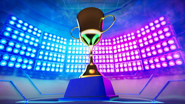 Gold trophy for winner E-sport gaming with background blue and violet color spotlight in the stadium stage , 3d rendering picture. 