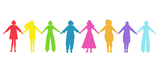 Women holding hands. Colored silhouettes of women. International Women's Day concept. Women's community. Female solidarity. Silhouettes of Women of different races. Vector illustration - obrazy, fototapety, plakaty