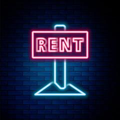 Glowing neon line Hanging sign with text Rent icon isolated on brick wall background. Signboard with text For Rent. Colorful outline concept. Vector