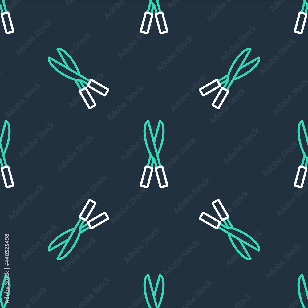 Poster line gardening handmade scissors for trimming icon isolated seamless pattern on black background. pr