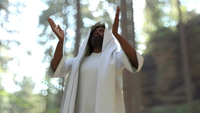3d render black jesus christ with white tunic praying looking towards the sky in nature
