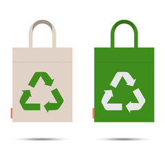 Eco bag with recycling symbol. Isolated on white background. Caring for the environment. Flat style. Eco-packaging design. Vector