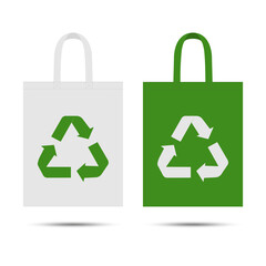 Eco bag with recycling symbol. Isolated on white background. Caring for the environment. Flat style. Eco-packaging design. Vector