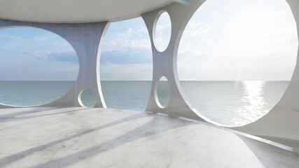 Architecture interior background room with sea view 3d render