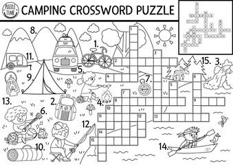 Vector black and white camping crossword puzzle. Simple forest summer camp outline quiz for children. Educational activity with kids fishing, hiking. Woodland cross word or coloring page.  .