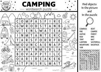 Vector black and white camping wordsearch puzzle. Simple forest summer camp outline crossword or coloring page. Educational keyword activity with kids fishing, hiking, playing guitar .