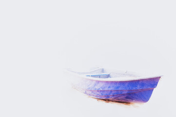 an old blue boat on a white background in perspective.