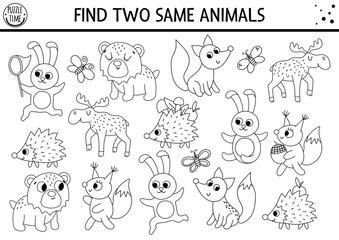 Find two same animals. Forest black and white matching activity. Funny woodland educational outline quiz worksheet or coloring page for kids. Simple printable game with bear, squirrel, rabbit, fox.
