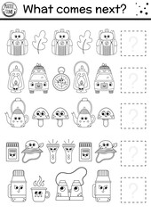 Fototapeta na wymiar What comes next. Summer camp black and white matching activity with kawaii camping equipment. Funny outline puzzle. Logical worksheet. Continue the row game or coloring page..
