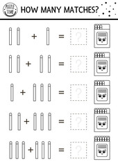 How many matches black and white game with cute match in the box. Summer math addition outline activity or coloring page. Printable simple counting worksheet with kawaii object.