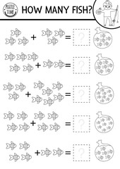 How many fish black and white game with cute fishes in the bag with water. Summer math addition outline activity. Printable counting worksheet or coloring page for kids with boy and rod .