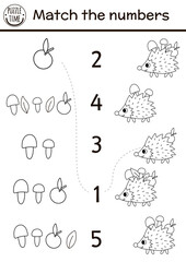 Match the numbers black and white game with funny hedgehog. Forest math outline activity or coloring page with cute forest animal. Educational printable counting worksheet for kids .