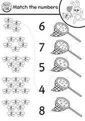 Match the numbers black and white game with butterflies in the net. Forest math outline activity for preschool children with cute insects and rabbit. Educational printable counting worksheet