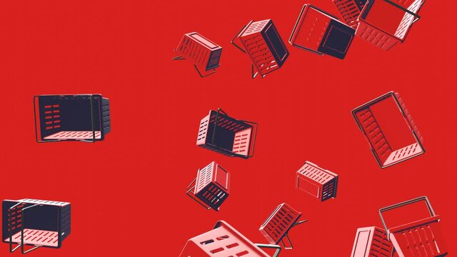 Red plastic shopping baskets on red background.
Toon style abstract animation for background.
Loop able.
