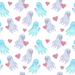 Watercolor illustration, Seamless pattern, Cute ghosts on white background, for Textiles, Ribbons, Packaging paper