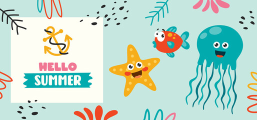 Flat Summer Banner With Cartoon Character