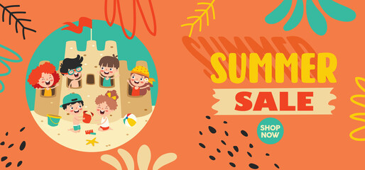 Flat Summer Banner With Cartoon Character