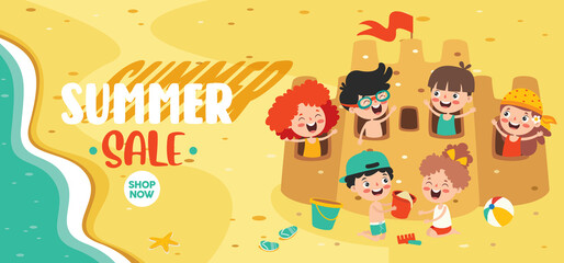 Flat Summer Banner With Cartoon Character