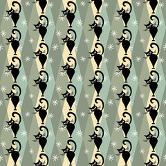 Colorful abstract Mid Century style pattern with black cat, black stars and colorful (beige, green, turquoise) rhombuses decoration