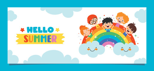 Naklejka premium Flat Summer Banner With Cartoon Character