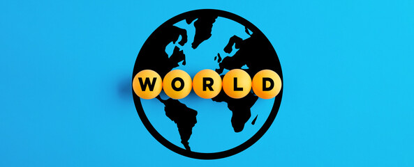The word world written on yellow balls with world icon