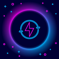 Glowing neon line Lightning bolt icon isolated on black background. Flash sign. Charge flash icon. Thunder bolt. Lighting strike. Colorful outline concept. Vector