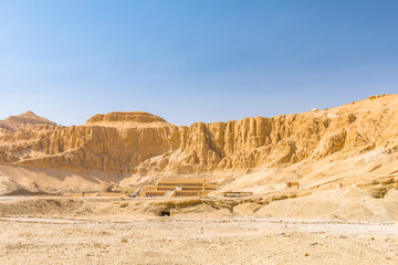 View on Mortuary Temple of Hatshepsut on a hot sunny day in Egypt