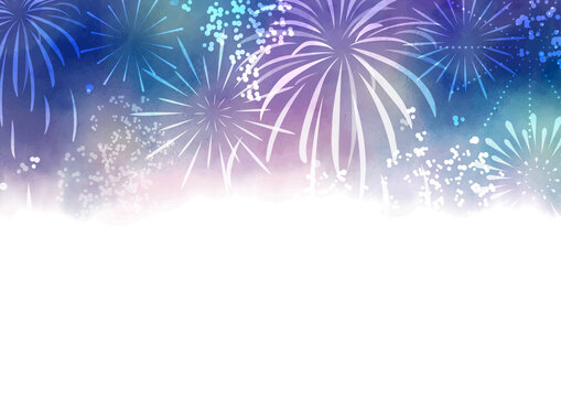花火　夏　水彩　夜空　背景　横長/ Hand-Drawn Summer Fireworks Festival with Watercolor Night Sky Background- Vector Image