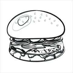  Burger hamburger line art. Painted burger, big tasty sandwich, vector illustration, vintage style. Burger fast food cafe menu and restaurant badge concept. Modern continuous line draw design street 