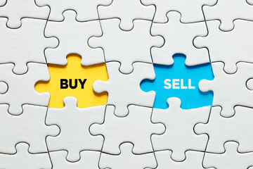 Fototapeta premium Missing puzzle pieces with buy and sell options. Making a choice between buying and selling
