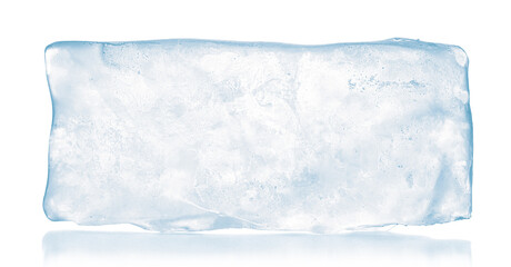A translucent rectangular block of pure ice, isolated on white background. Purity and freshness...