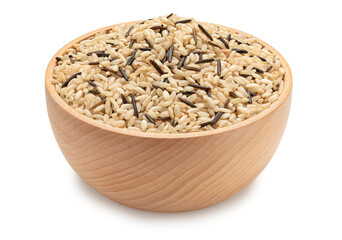 mix of brown and wild rice in wooden bowl isolated on white