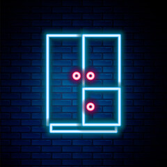 Glowing neon line Wardrobe icon isolated on brick wall background. Colorful outline concept. Vector