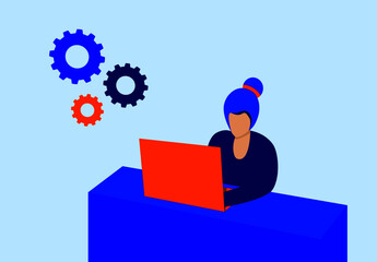 Woman, office worker, businesswoman, freelancer working on laptop computer, vector illustration 