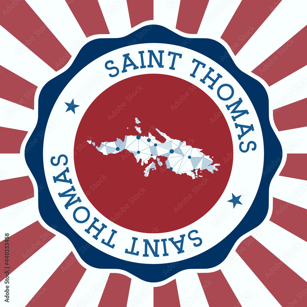 Poster saint thomas badge. round logo of island with triangular mesh map and radial rays. eps10 vector.