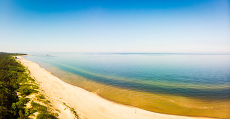 Aerial view Palanga sandy white beach in Lithuania holiday destination. Baltic sea coastline.
