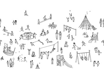 Seamless pattern with hand drawn tiny children playing, running and having fun at the playground - obrazy, fototapety, plakaty