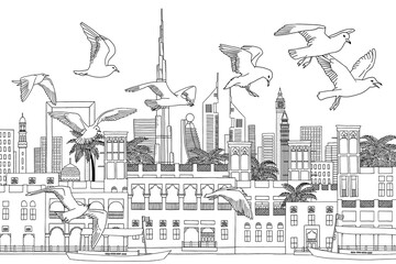 Al Seef Dubai - hand drawn black and white illustration of Duabi's skyline with seagulls - 440334077